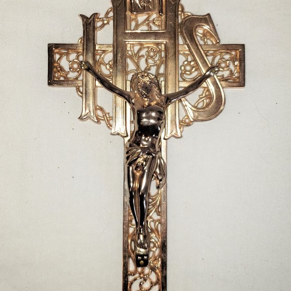 Vintage INRI IHS Gold Toned Filigree Crucifix Wall Mount Christian Decor - Picture 1 of 4